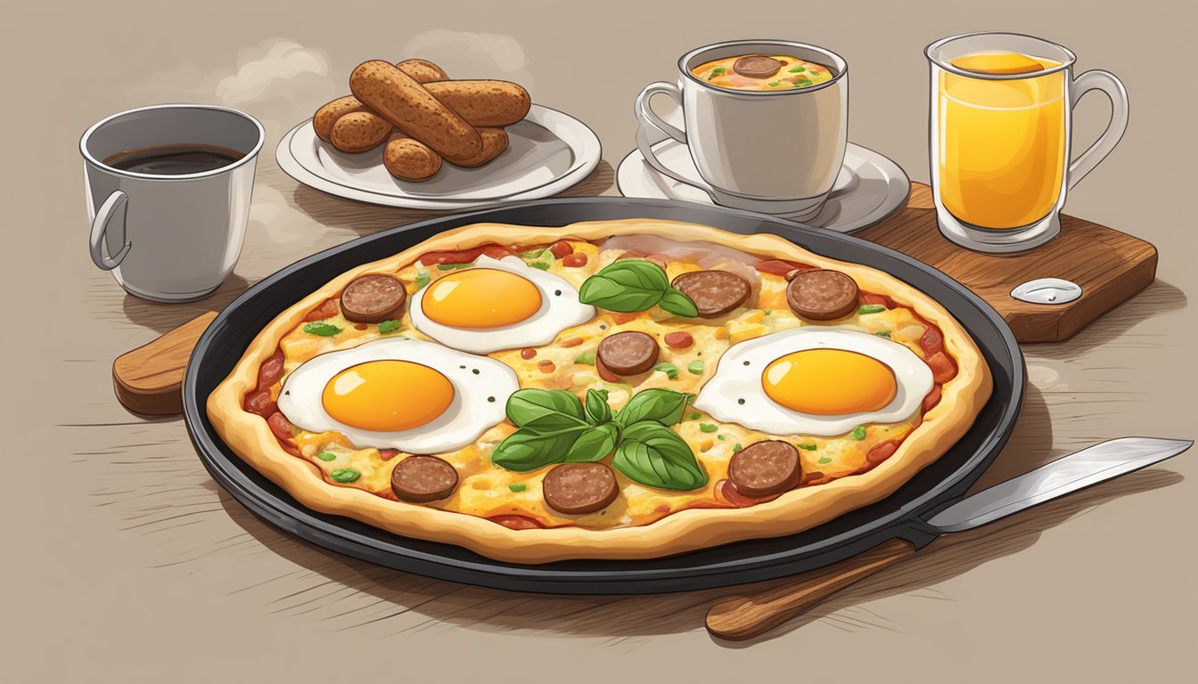 A breakfast pizza with eggs and sausage sits on a rustic wooden table, steam rising from the freshly baked crust