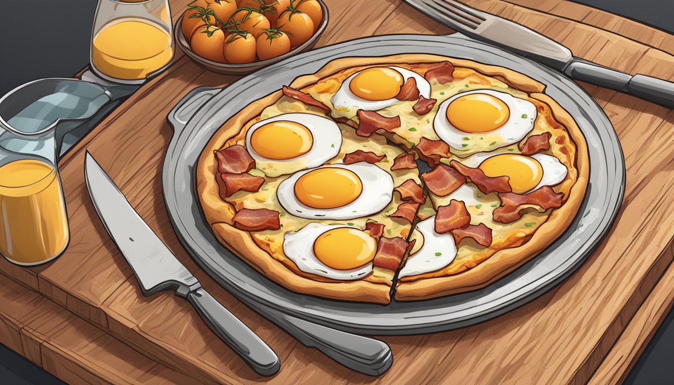 A sizzling breakfast pizza with eggs and bacon, fresh out of the oven, sits on a wooden cutting board, ready to be enjoyed