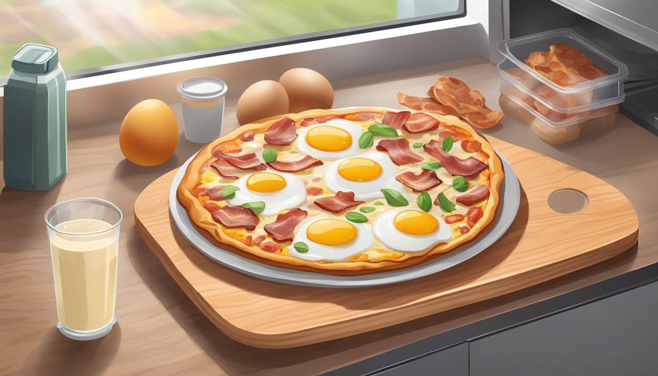 A breakfast pizza with eggs and bacon sits on a wooden cutting board, covered with a clear plastic wrap, inside a refrigerator