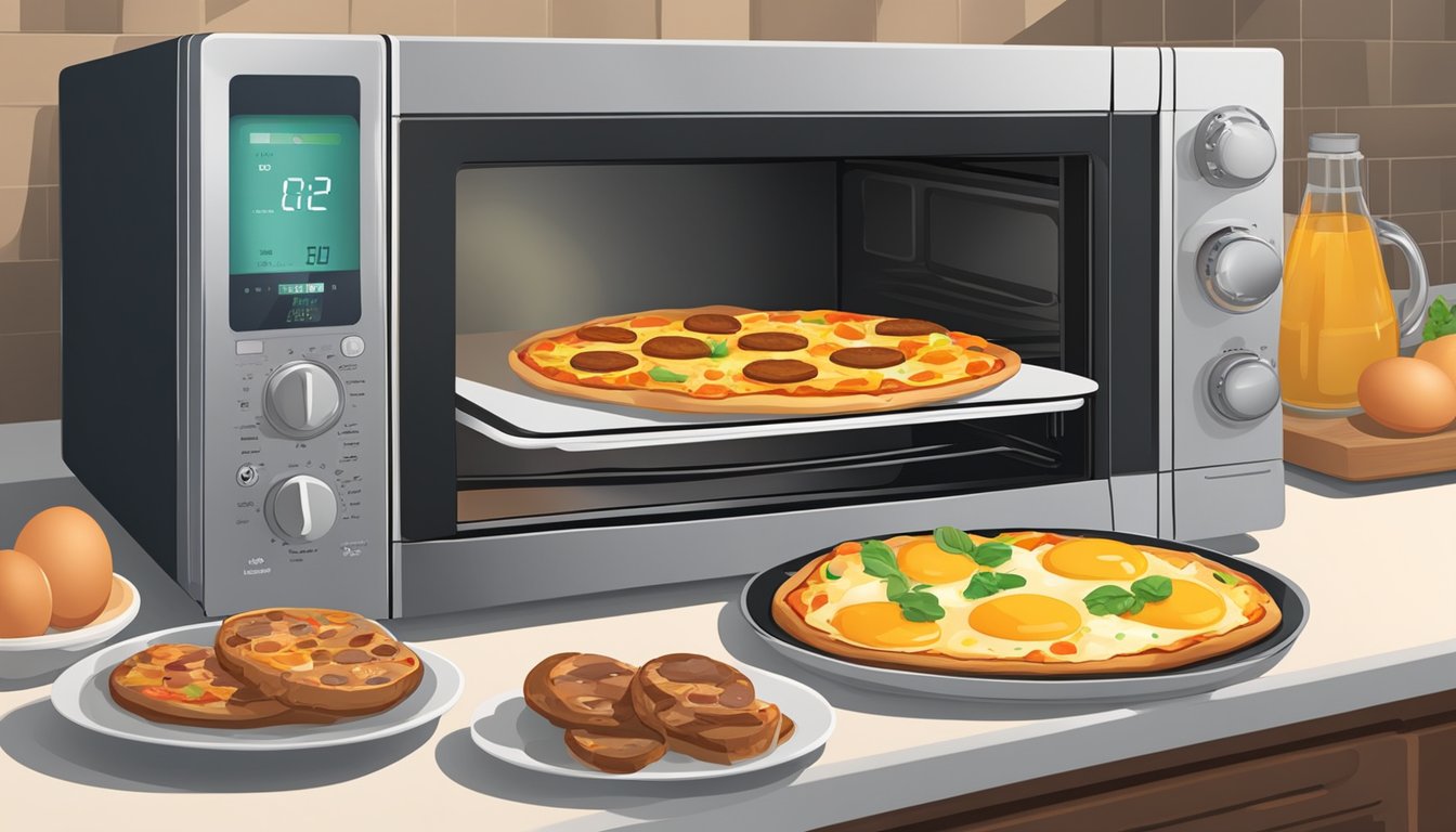 A breakfast pizza with eggs and sausage sits in a microwave next to a toaster oven and stovetop, indicating various reheating methods