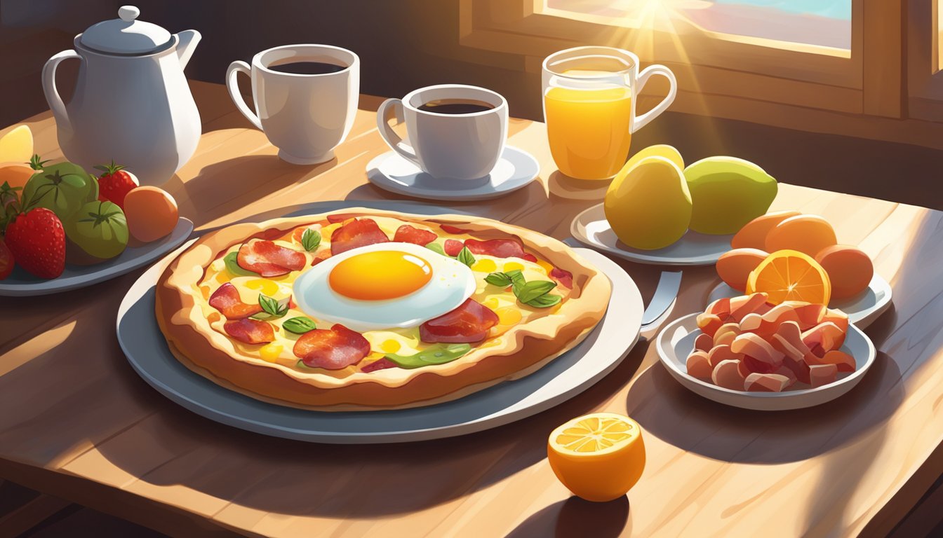 A breakfast pizza with eggs and bacon sits on a wooden table next to a plate of fresh fruit. The morning sunlight streams in through a nearby window, casting a warm glow over the food