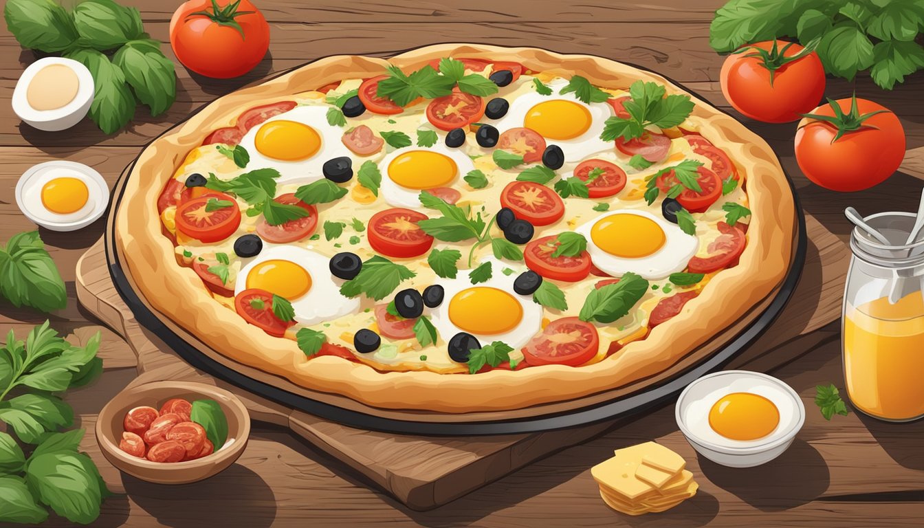 A breakfast pizza with eggs and sausage sits on a wooden table, surrounded by fresh ingredients like tomatoes, herbs, and cheese