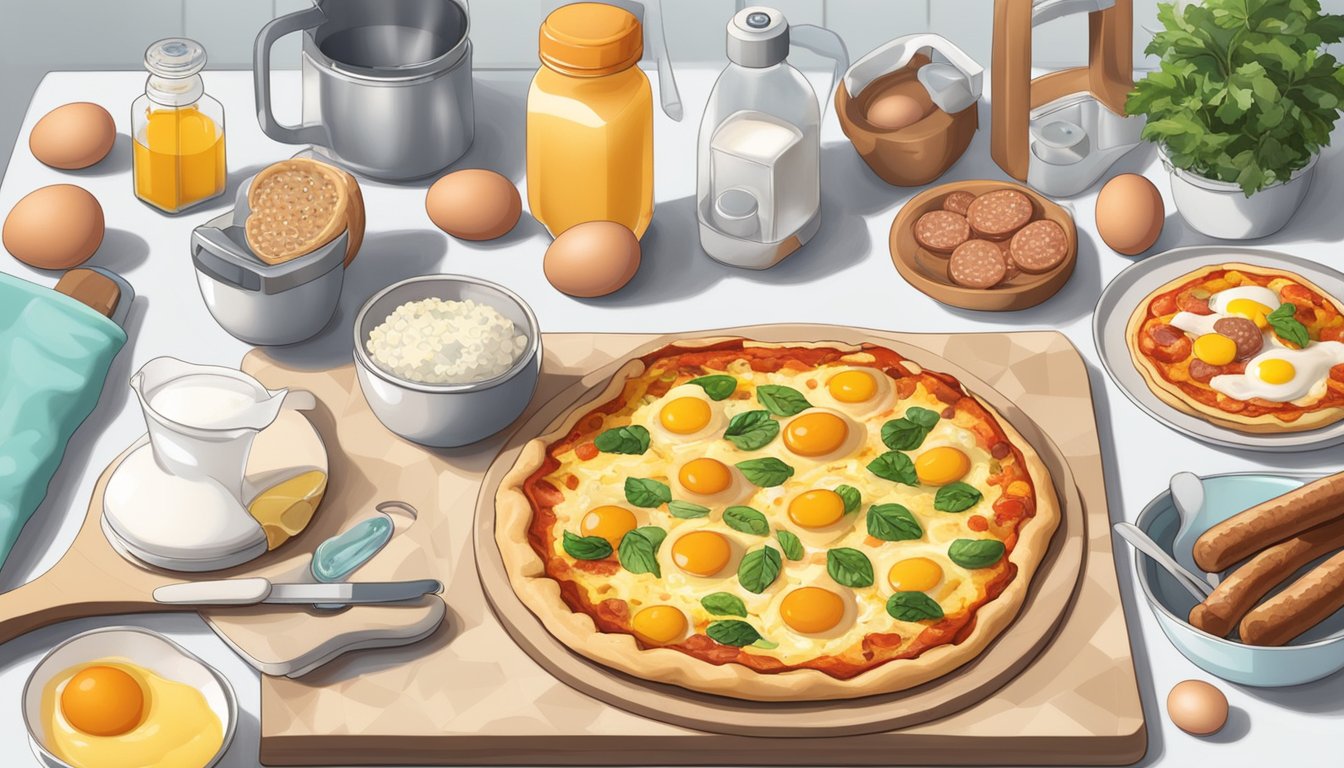 A breakfast pizza with eggs and sausage sits on a kitchen counter, surrounded by health and safety measures such as gloves, a face mask, and hand sanitizer