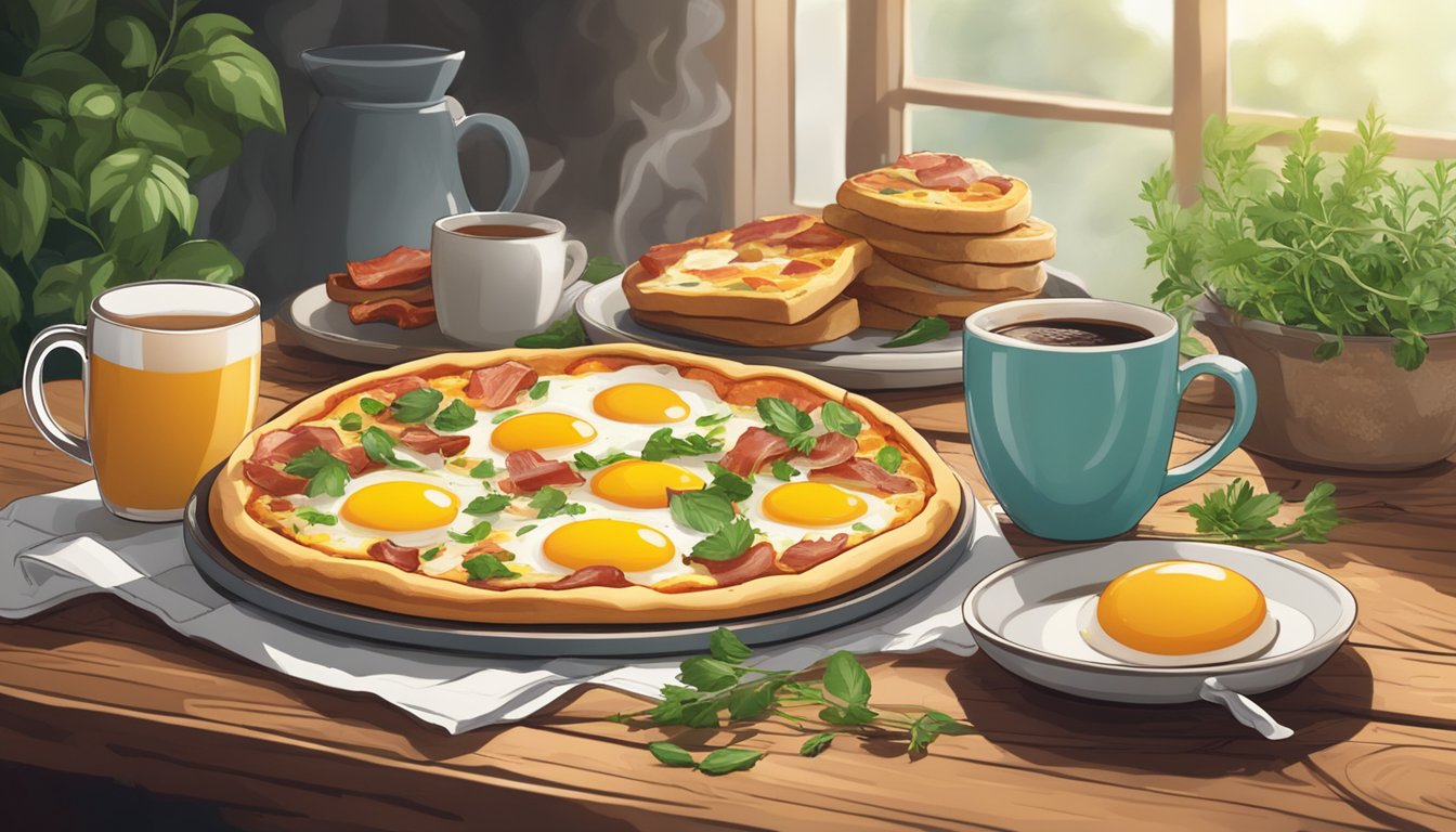 A breakfast pizza with eggs and bacon sits on a rustic wooden table, surrounded by fresh herbs and a steaming cup of coffee