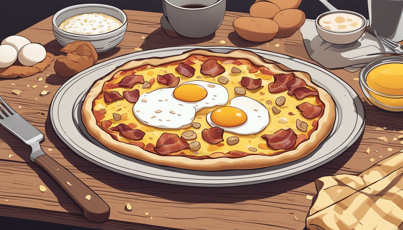 A breakfast pizza topped with eggs and bacon sits on a wooden table, surrounded by scattered crumbs and a few lingering slices