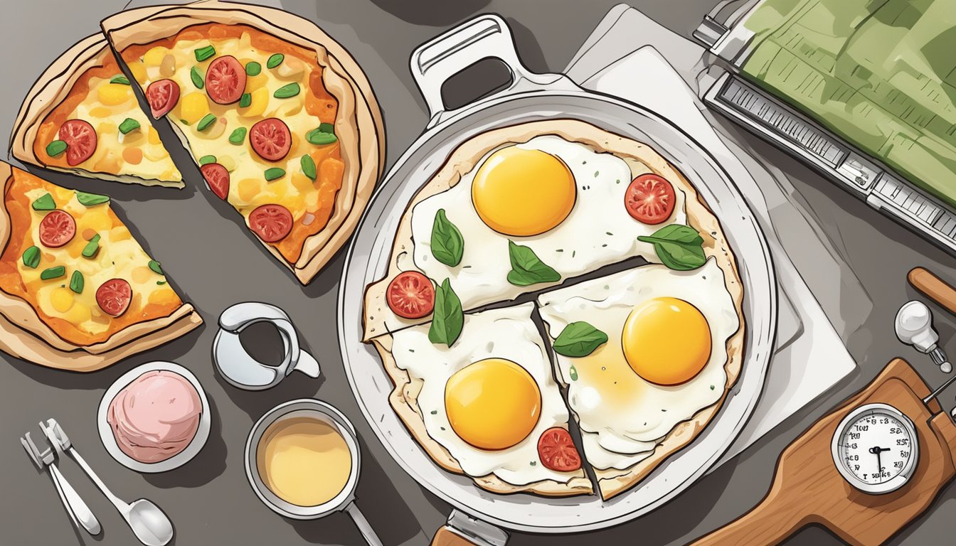 A breakfast pizza with eggs and ham sits on a kitchen counter, surrounded by a digital food thermometer and a calendar indicating the date