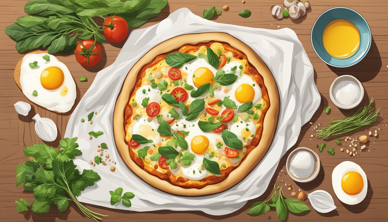 A breakfast pizza topped with eggs and colorful vegetables sits fresh on a wooden cutting board, surrounded by scattered herbs and spices