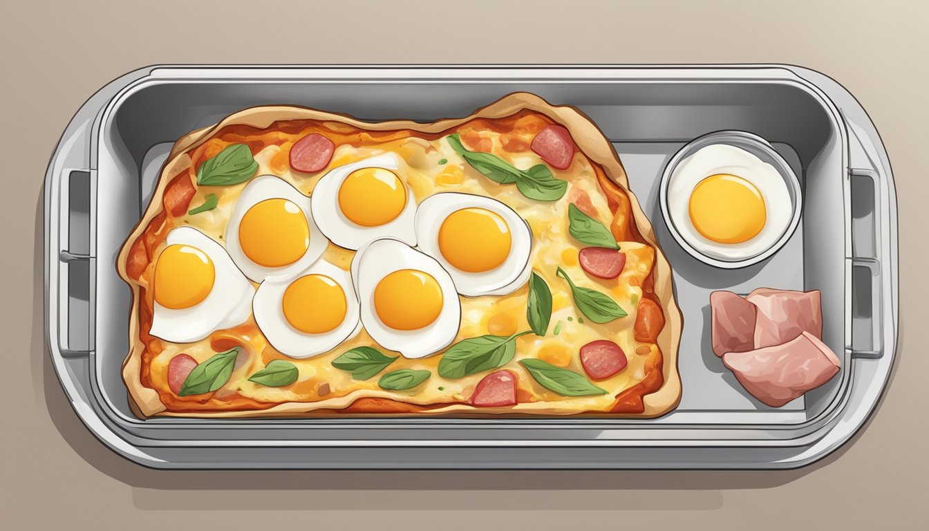 A breakfast pizza with eggs and ham is stored in an airtight container in the refrigerator, with a date label for tracking freshness