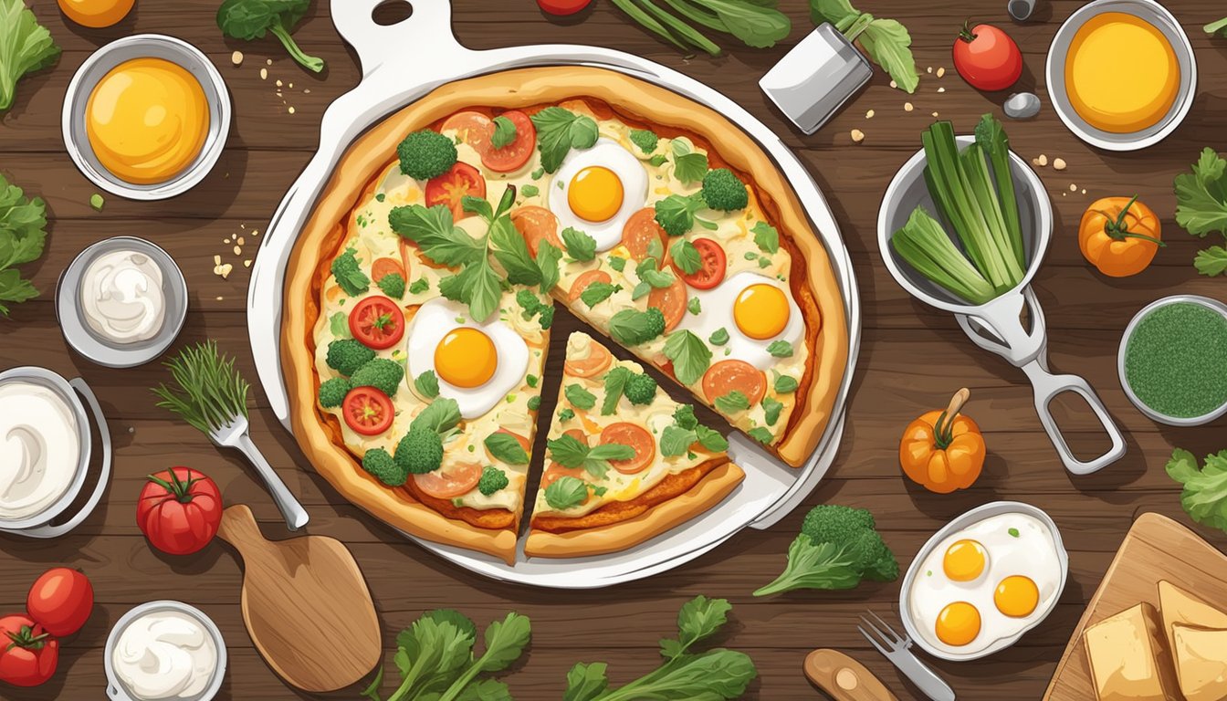 A breakfast pizza with eggs and veggies sits on a rustic wooden table, fresh out of the oven, surrounded by colorful ingredients and cooking utensils