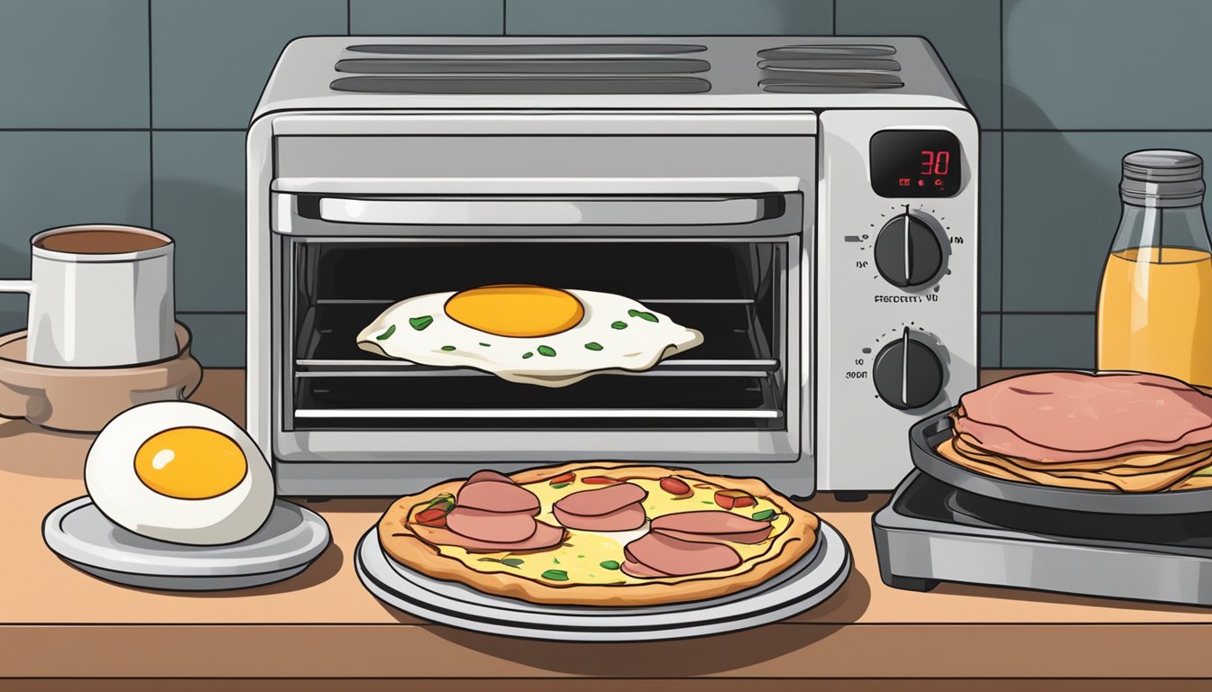 A breakfast pizza with eggs and ham sits on a plate next to a toaster oven. A timer is set for reheating