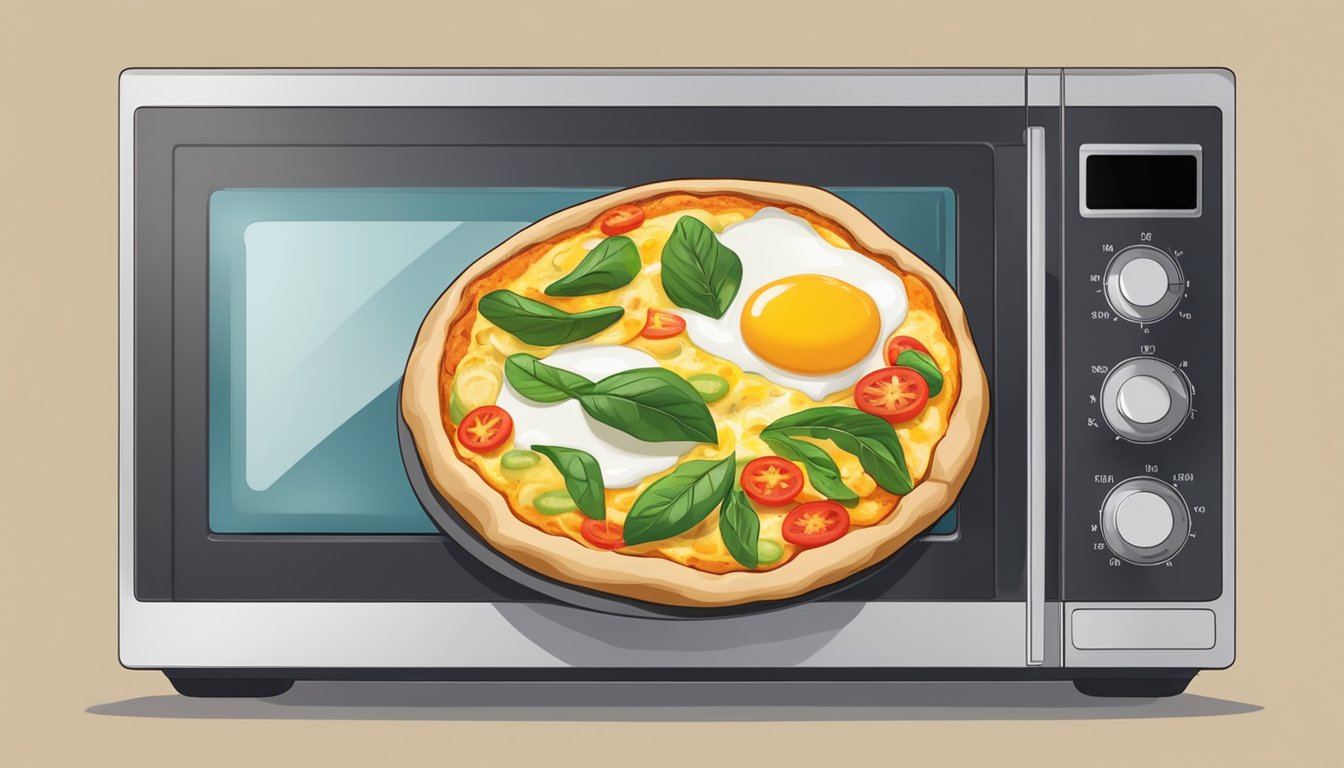 A breakfast pizza with eggs and veggies sits on a plate, being reheated in a microwave