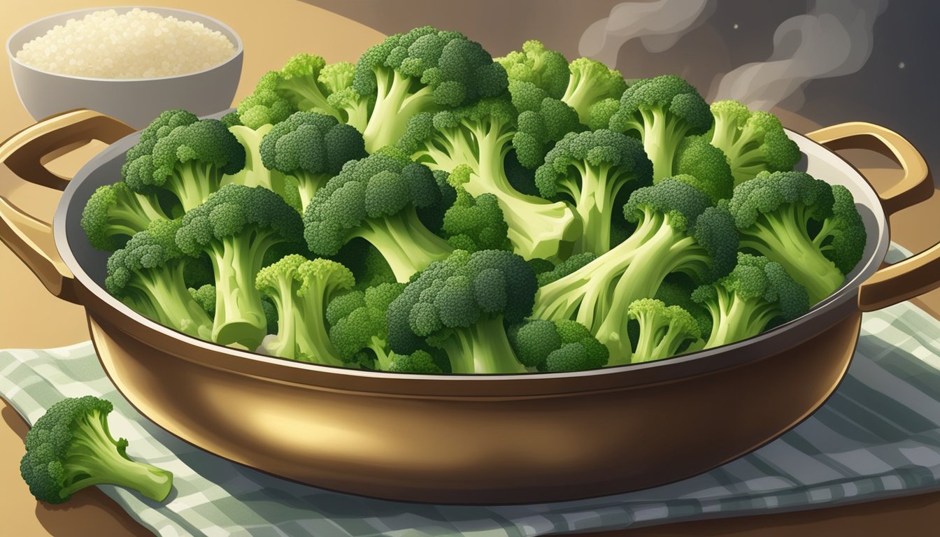 A steaming casserole dish filled with broccoli and rice, golden brown on top, surrounded by a scattering of fresh broccoli florets