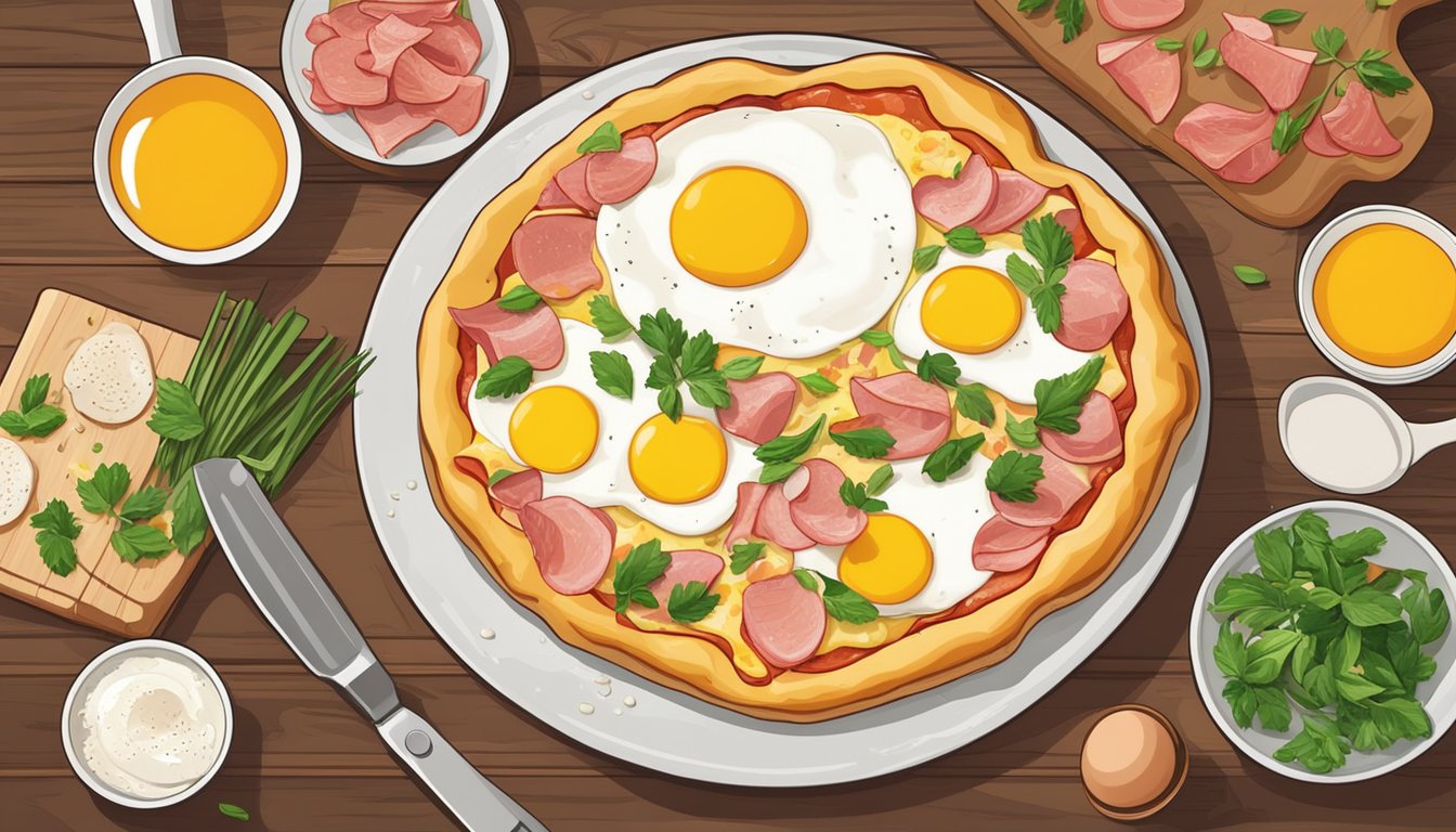 A breakfast pizza with eggs and ham sits on a wooden table, surrounded by fresh ingredients and cooking utensils