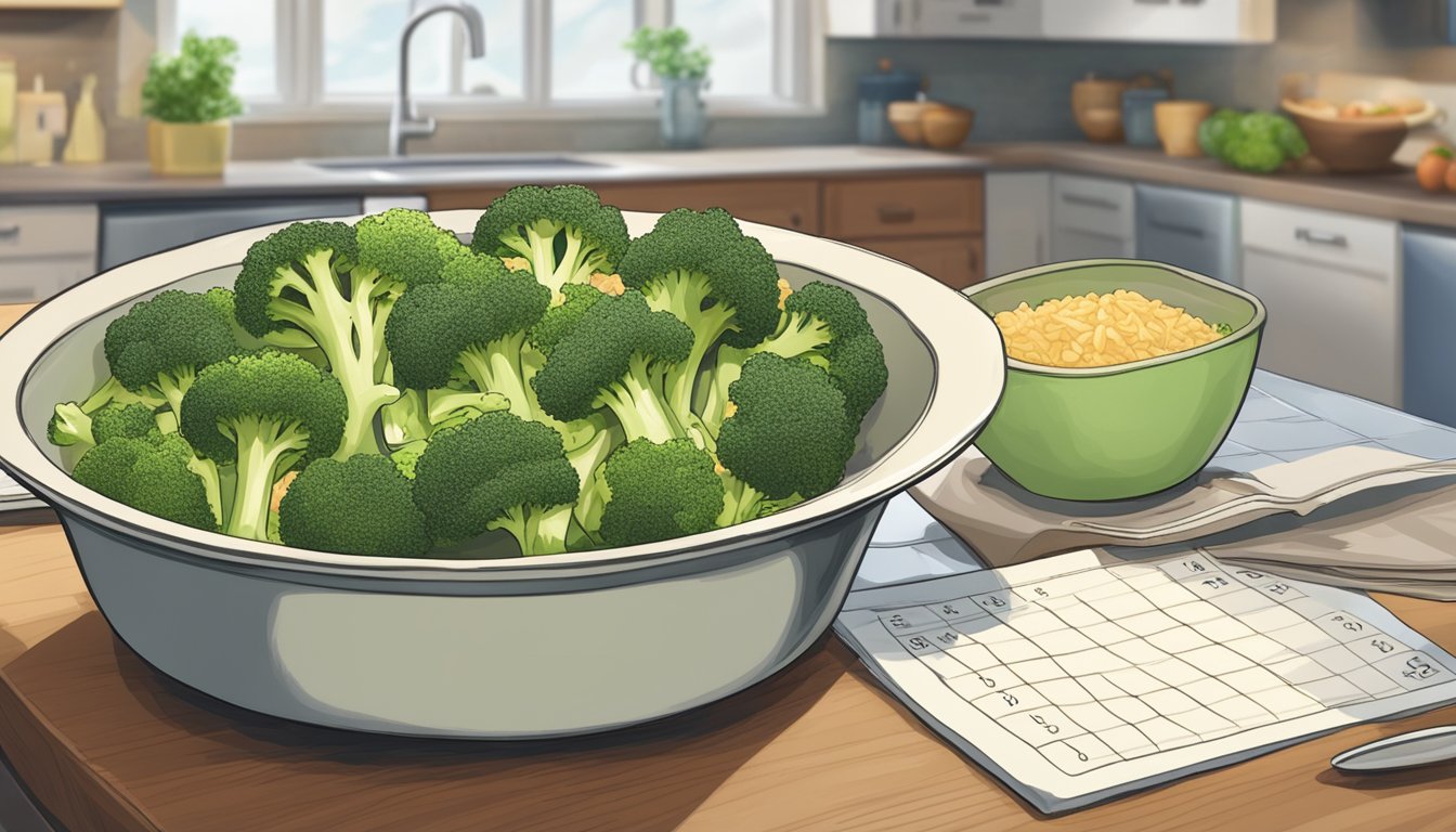 A broccoli and rice casserole sits in a covered dish on a kitchen counter, with a calendar showing the current date in the background