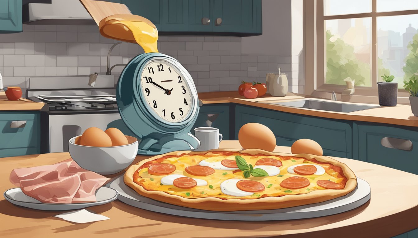 A breakfast pizza with eggs and ham sits on a kitchen counter, partially eaten. A clock on the wall shows the time passing