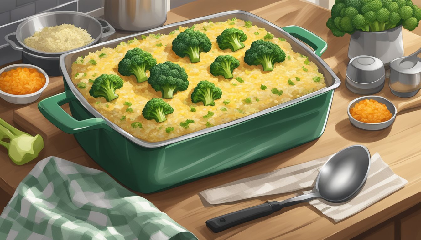 A steaming broccoli and rice casserole sits on a kitchen counter, covered with foil, surrounded by fresh ingredients and cooking utensils