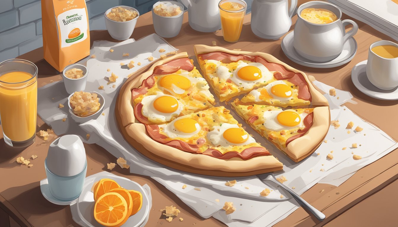 A breakfast pizza with eggs and ham sits on a kitchen counter, surrounded by scattered crumbs and a half-empty carton of orange juice