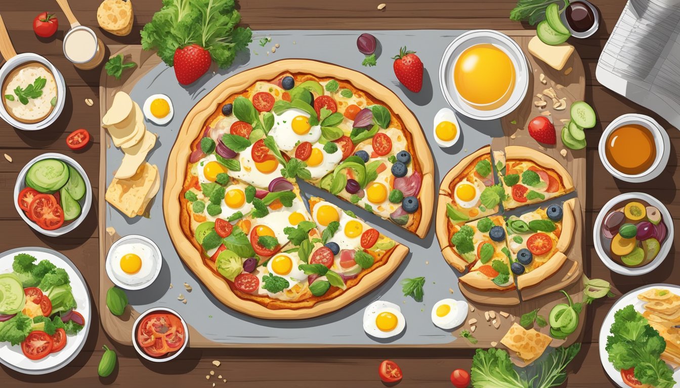 A breakfast pizza with eggs and veggies sits on a wooden table, surrounded by colorful toppings and variations