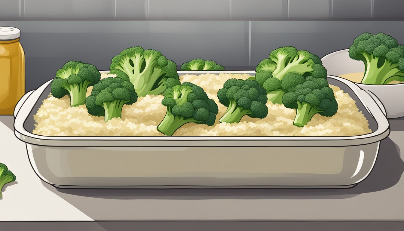 A casserole dish filled with layers of cooked broccoli, rice, and creamy sauce, ready to be baked in the oven