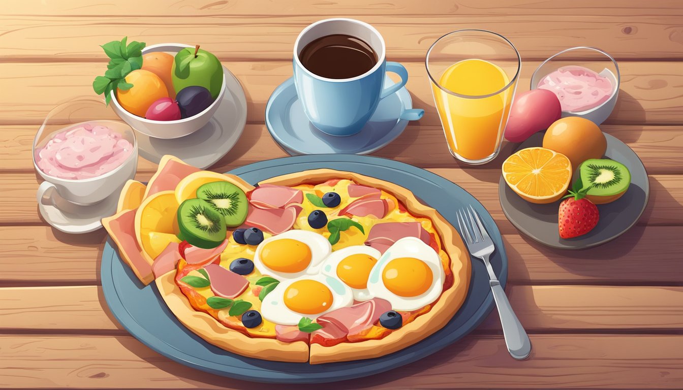 A breakfast pizza with eggs and ham sits on a wooden table, surrounded by a colorful array of fresh fruits and a steaming cup of coffee