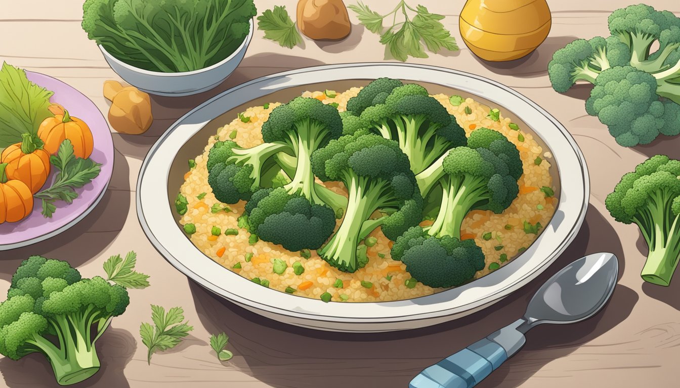 A steaming broccoli and rice casserole sits on a table, surrounded by colorful vegetables and herbs. A serving spoon rests next to the dish