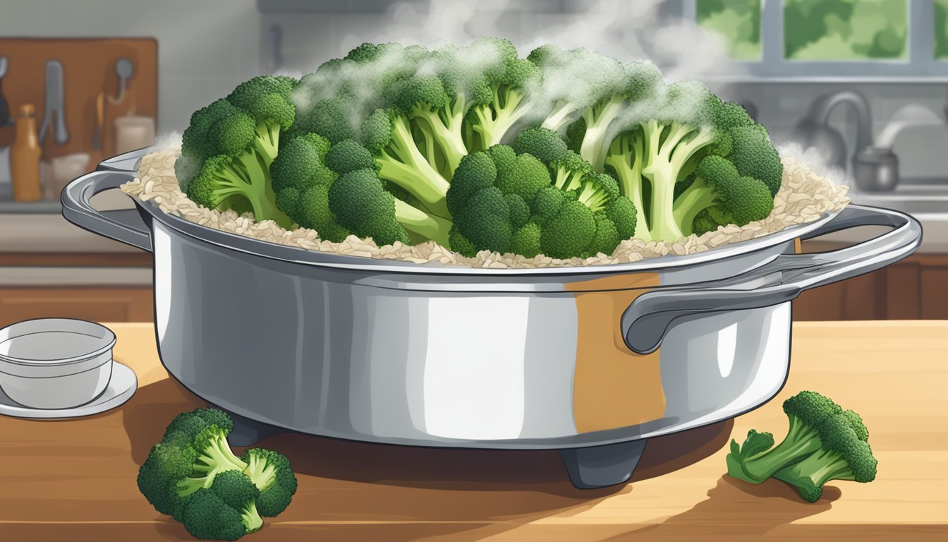 A steaming broccoli and rice casserole sits on a kitchen counter, covered with foil. Steam rises from the dish as it waits to be reheated