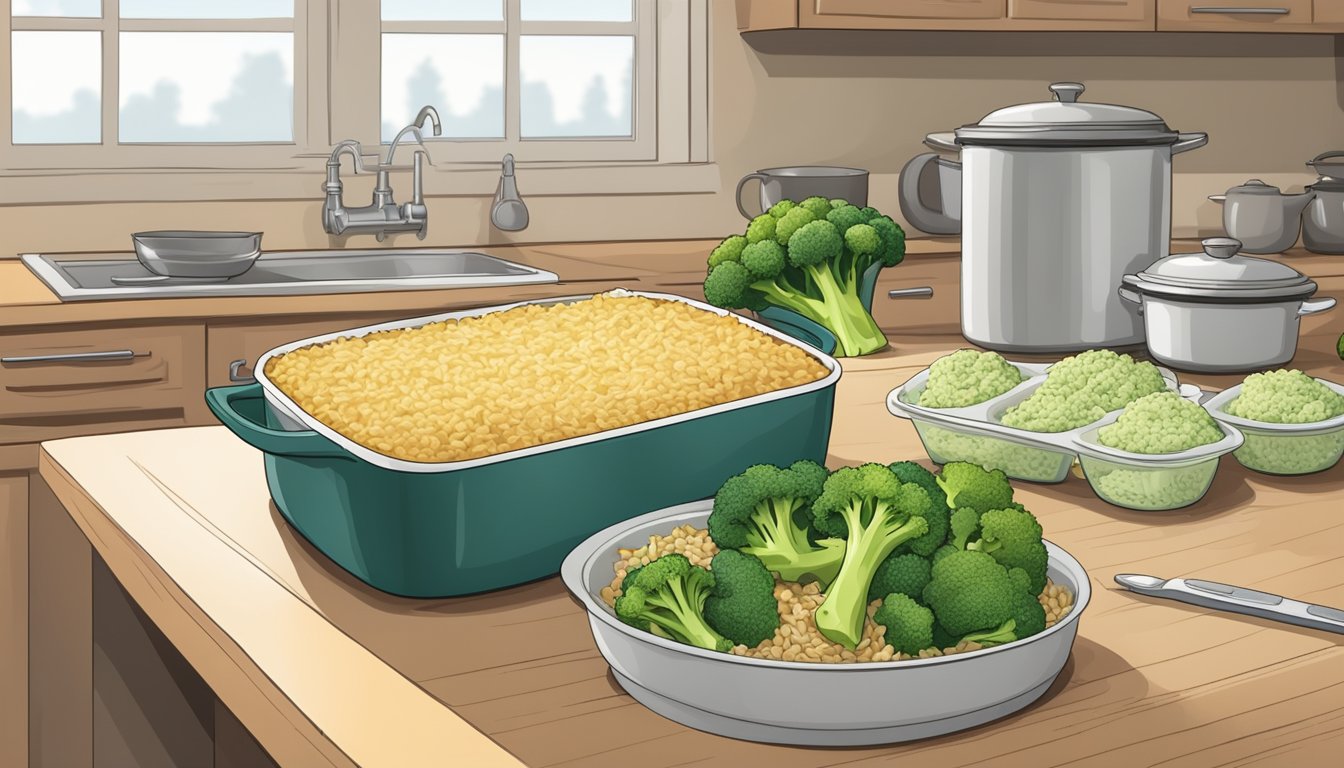 A broccoli and rice casserole sits in a covered dish on a kitchen counter, surrounded by food safety guidelines and a calendar marking the date of preparation