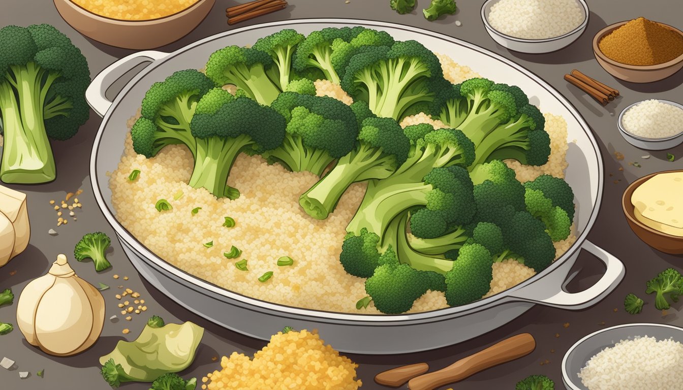 A steaming casserole dish of broccoli and rice, surrounded by scattered ingredients like cheese, breadcrumbs, and spices