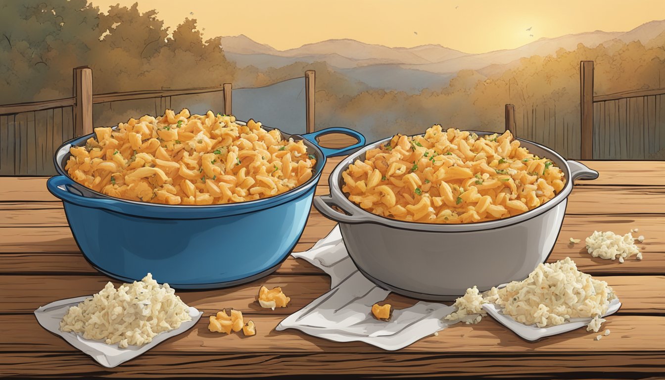 A steaming dish of buffalo chicken macaroni and cheese sits on a rustic wooden table, surrounded by scattered pieces of shredded chicken and crumbled blue cheese