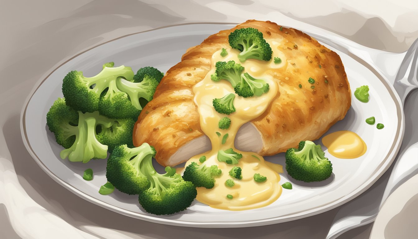 A plump chicken breast stuffed with broccoli and gooey cheese, golden brown and sizzling on a white ceramic plate