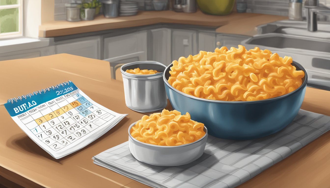 A bowl of buffalo chicken macaroni and cheese sits on a kitchen counter, covered with foil. A calendar on the wall shows the current date