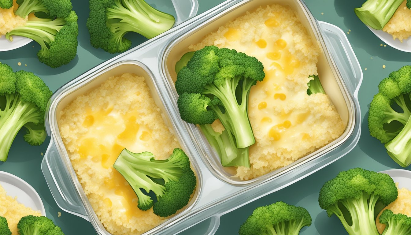 A glass casserole dish filled with layers of cooked broccoli, rice, and creamy sauce, covered with a layer of melted cheese and breadcrumbs