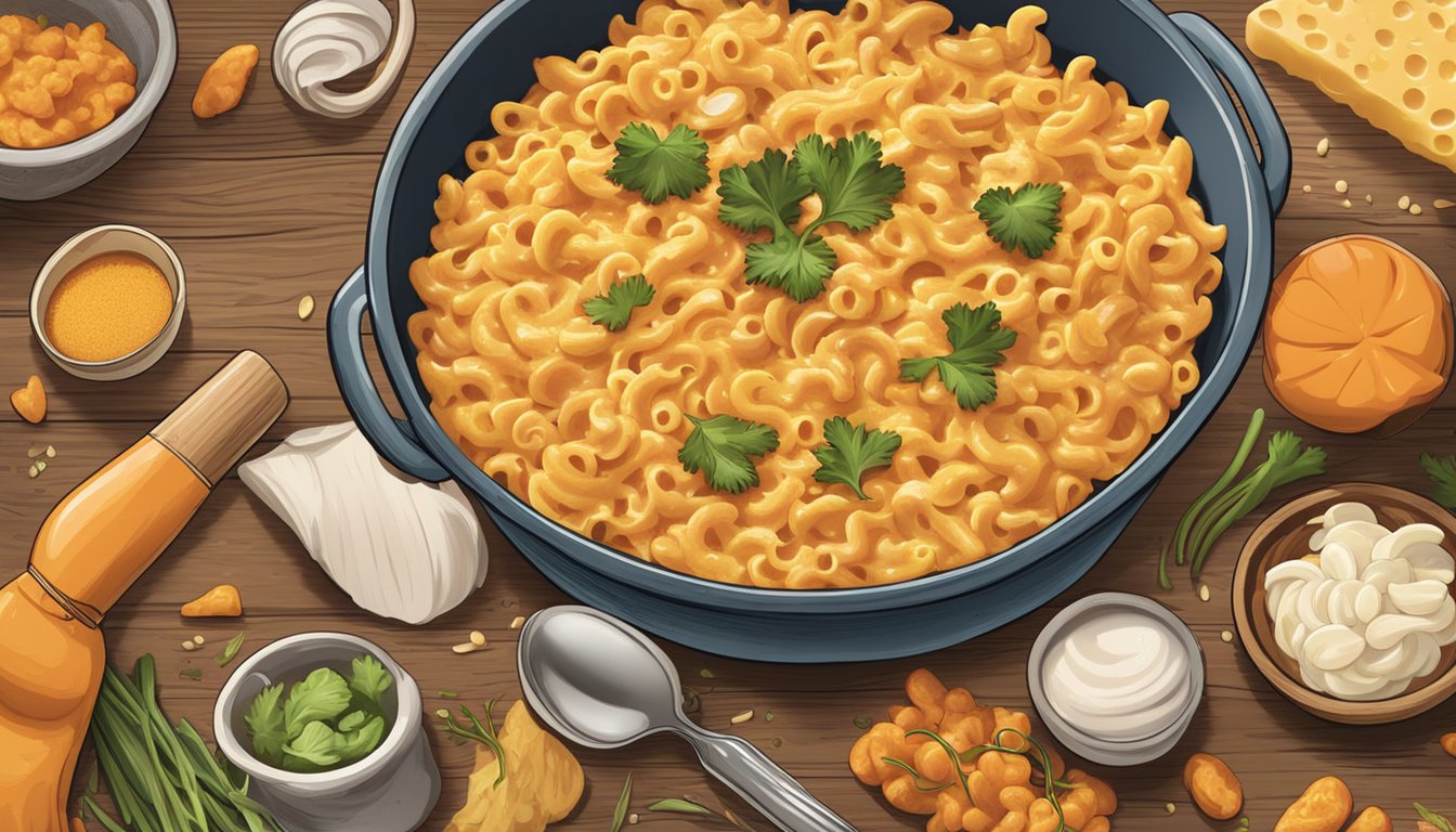 A steaming bowl of buffalo chicken macaroni and cheese sits on a rustic wooden table, surrounded by scattered ingredients and cooking utensils