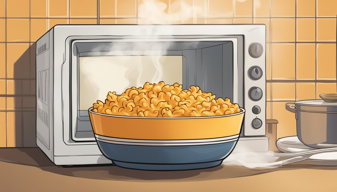 A bowl of buffalo chicken mac and cheese sits in a microwave, with steam rising as it reheats