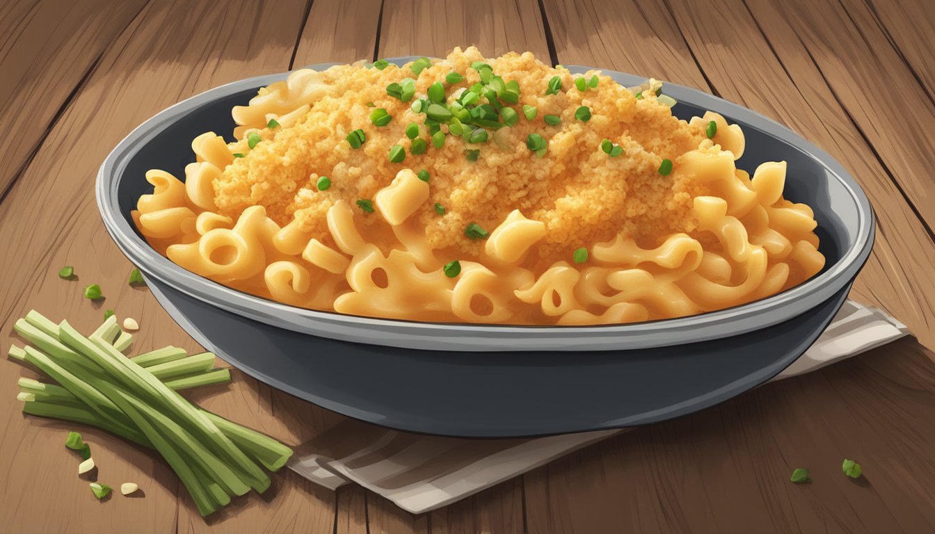 A steaming bowl of buffalo chicken macaroni and cheese topped with crispy breadcrumbs and chopped green onions sits on a rustic wooden table