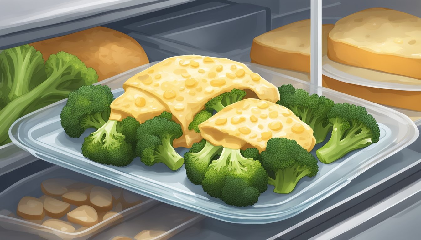 A cooked broccoli and cheese stuffed chicken sits on a plate, covered in a clear wrap, placed in the refrigerator