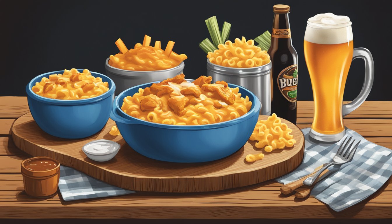 A steaming bowl of buffalo chicken mac and cheese sits on a rustic wooden table, surrounded by a spread of hot sauce, blue cheese dressing, and a cold beer