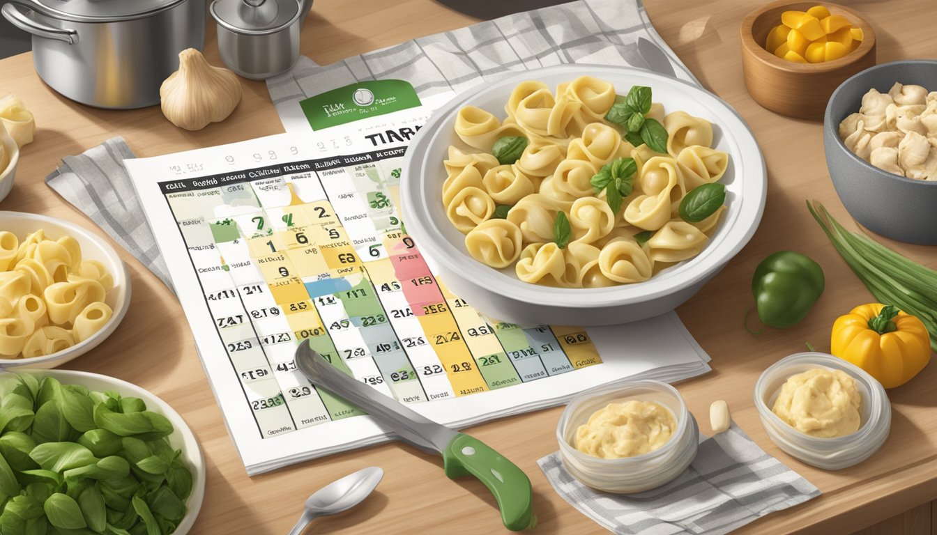 A package of Buitoni chicken and roasted garlic tortellini sits on a kitchen counter, surrounded by fresh ingredients and a calendar showing the expiration date