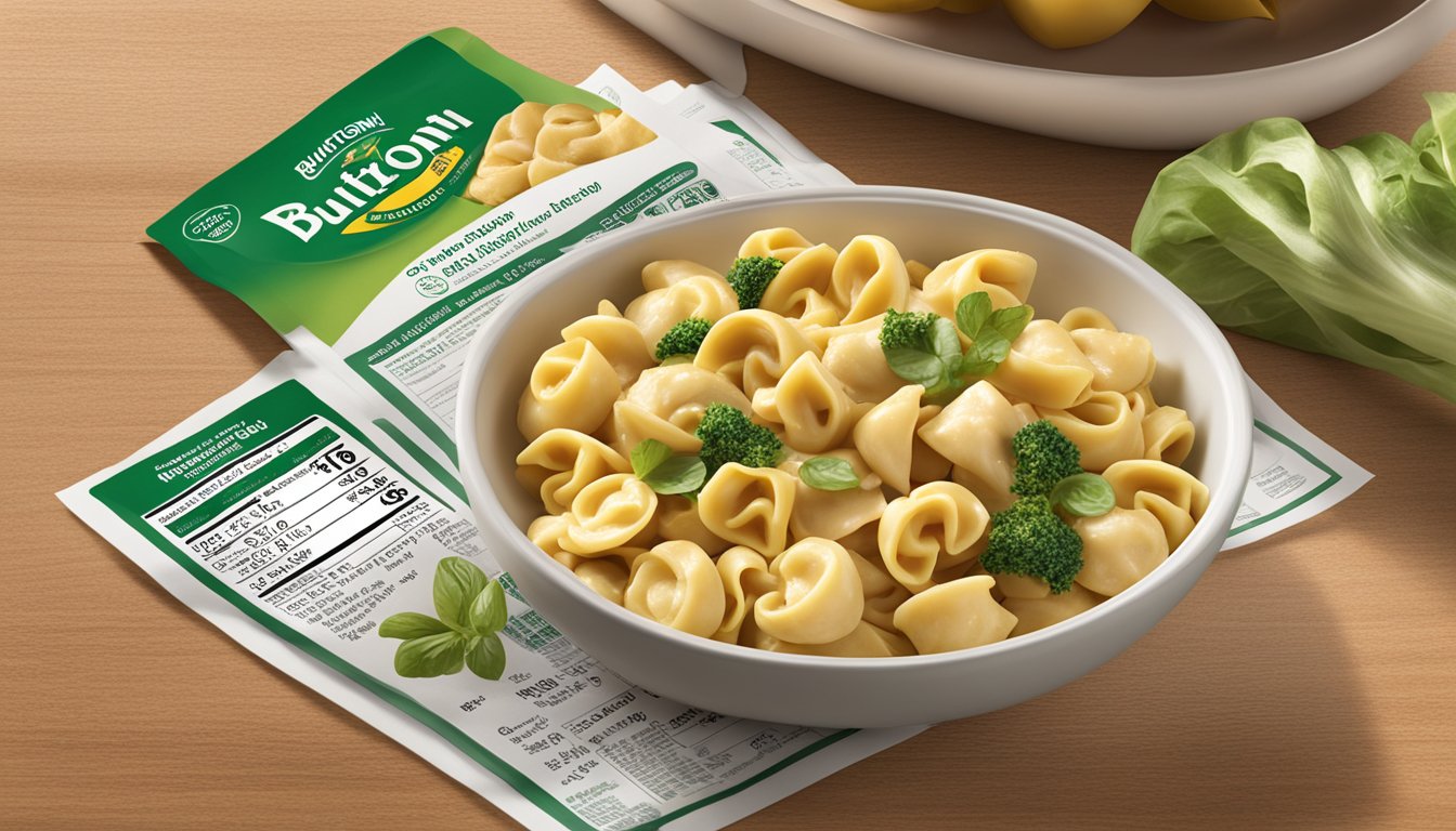 A package of Buitoni chicken & roasted garlic tortellini sits on a kitchen counter next to a printed nutritional information label