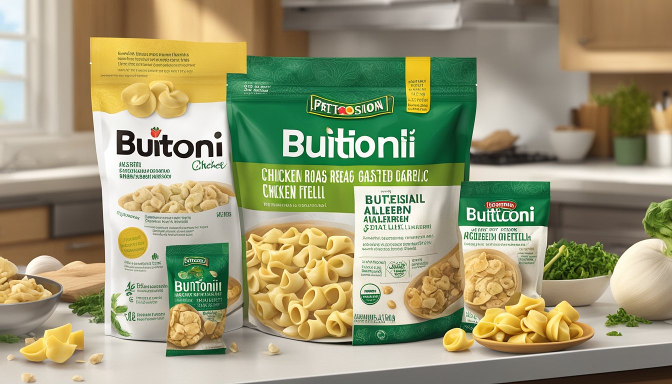 A package of Buitoni chicken & roasted garlic tortellini sits on a kitchen counter, surrounded by scattered ingredients and a list of allergens