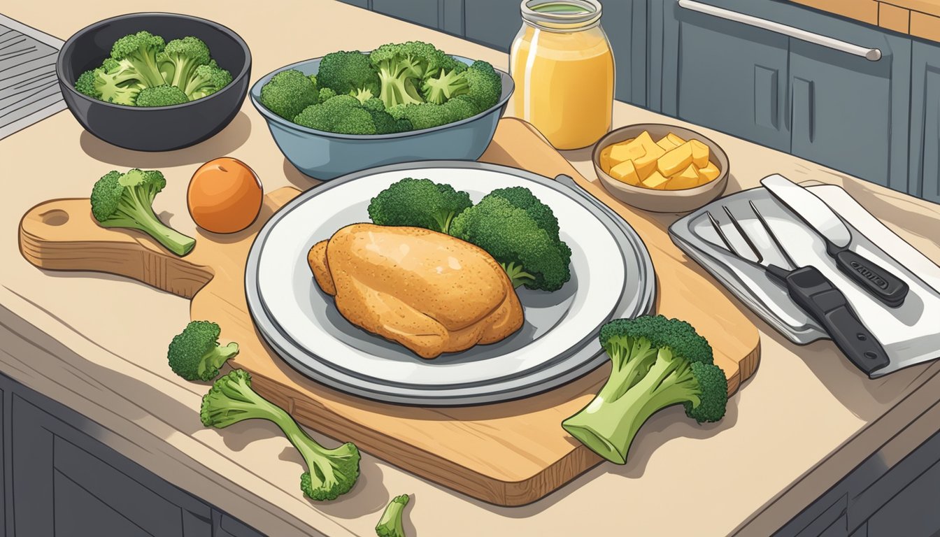 A plate of broccoli and cheese stuffed chicken sits on a kitchen counter, surrounded by various ingredients and cooking utensils