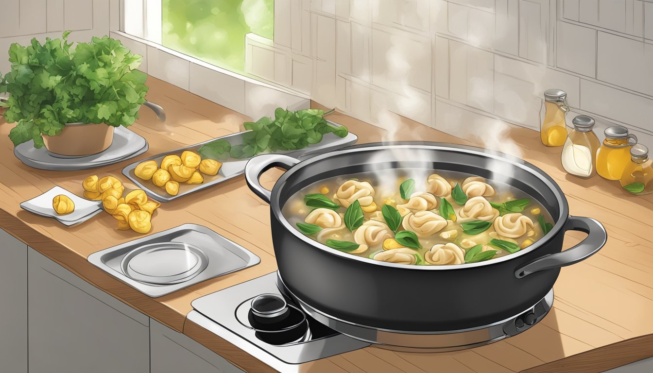 A pot of boiling water with Buitoni chicken & roasted garlic tortellini cooking inside