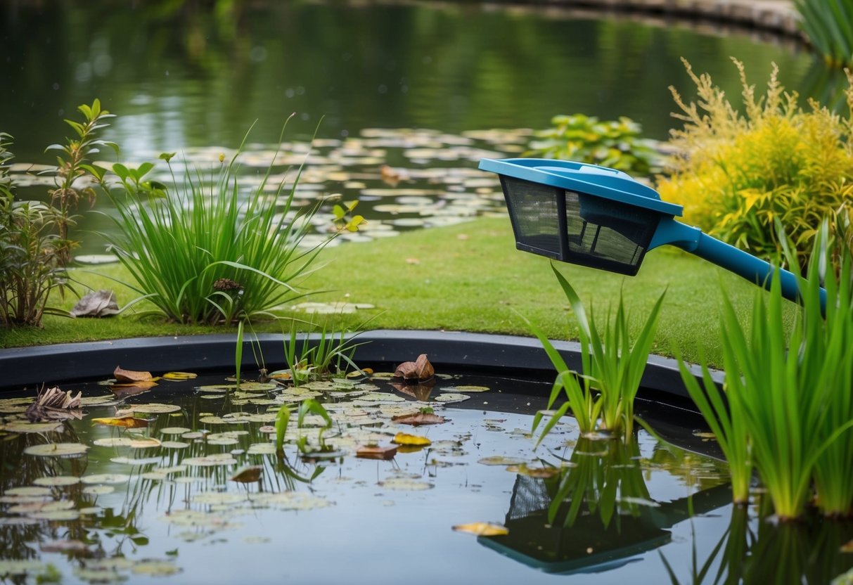 A tranquil pond with floating debris and a variety of aquatic plants. A skimmer is positioned at the water's edge, ready to remove surface debris