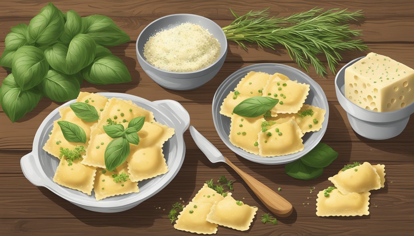 A steaming bowl of Buitoni Four Cheese Ravioli sits on a rustic wooden table, surrounded by fresh herbs and a sprinkle of Parmesan cheese