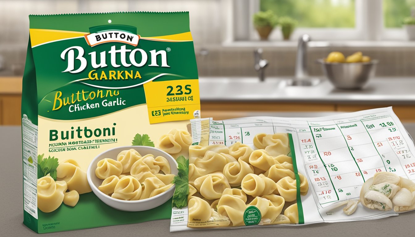 A package of Buitoni chicken and roasted garlic tortellini sits on a kitchen counter, next to a calendar showing the current date