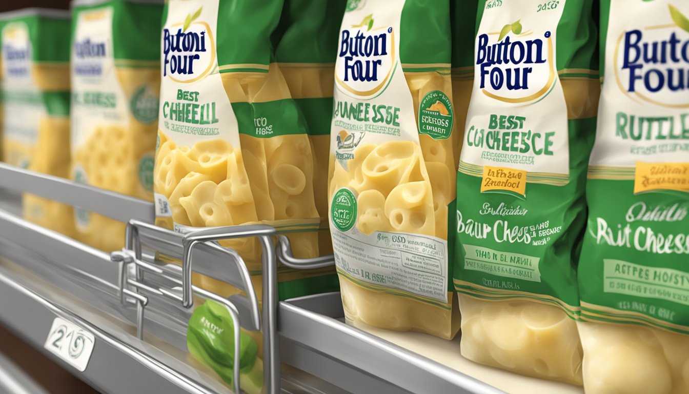 A package of Buitoni four cheese ravioli sits on a shelf in a pantry, with a "best by" date clearly visible