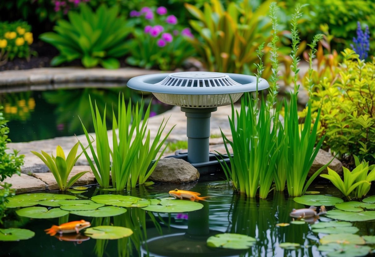 A tranquil pond with a skimmer installed, surrounded by lush greenery and colorful aquatic plants. A variety of wildlife, such as fish and frogs, can be seen enjoying the clean water