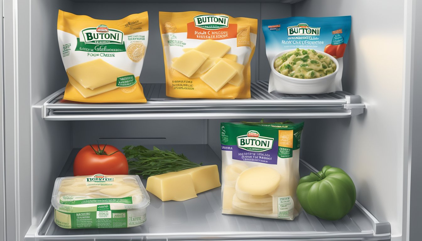 A sealed package of Buitoni four cheese ravioli sits on a clean, organized refrigerator shelf, surrounded by other fresh ingredients