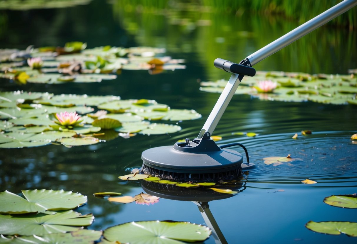 A tranquil pond with water lilies and floating debris. A skimmer device hovers on the surface, collecting leaves and other debris