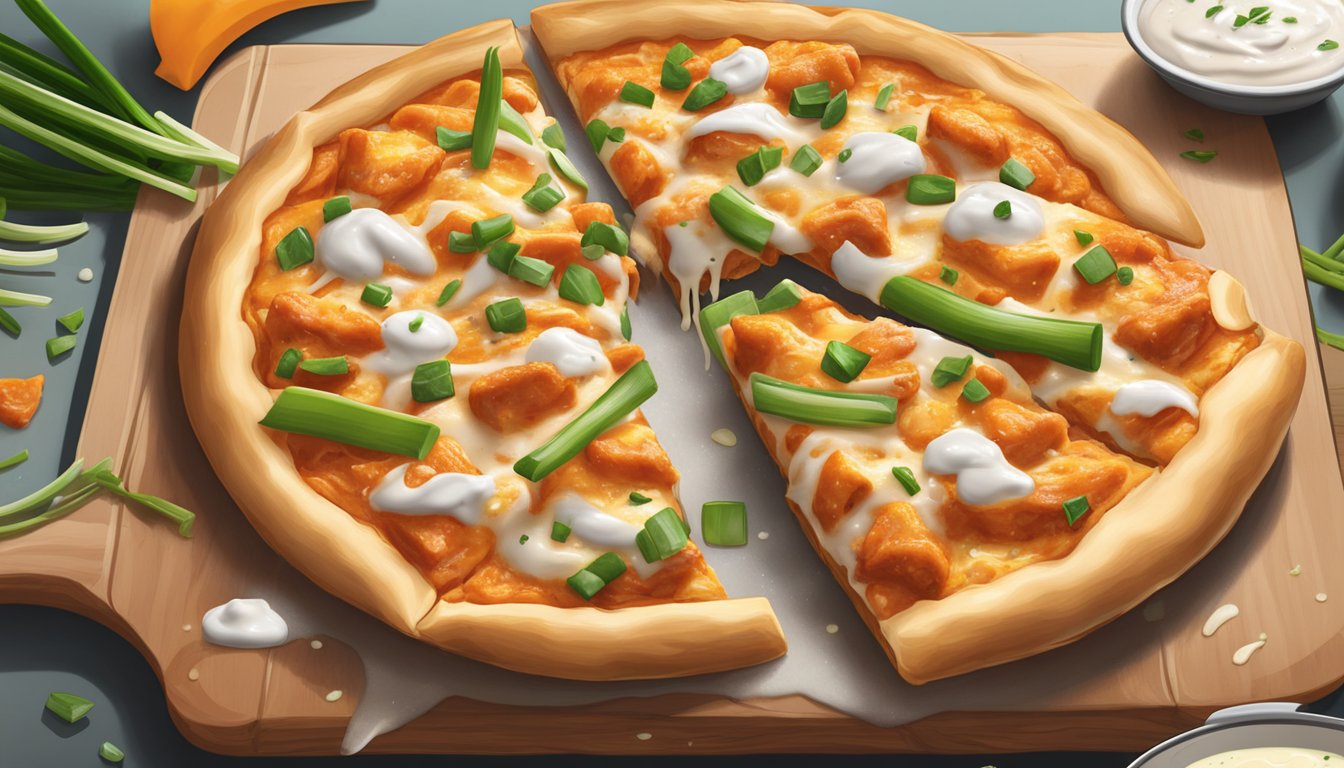 A fresh buffalo chicken pizza sits on a wooden cutting board, steam rising from the spicy chicken and melted cheese. A scattering of chopped green onions and a drizzle of ranch dressing add the finishing touches